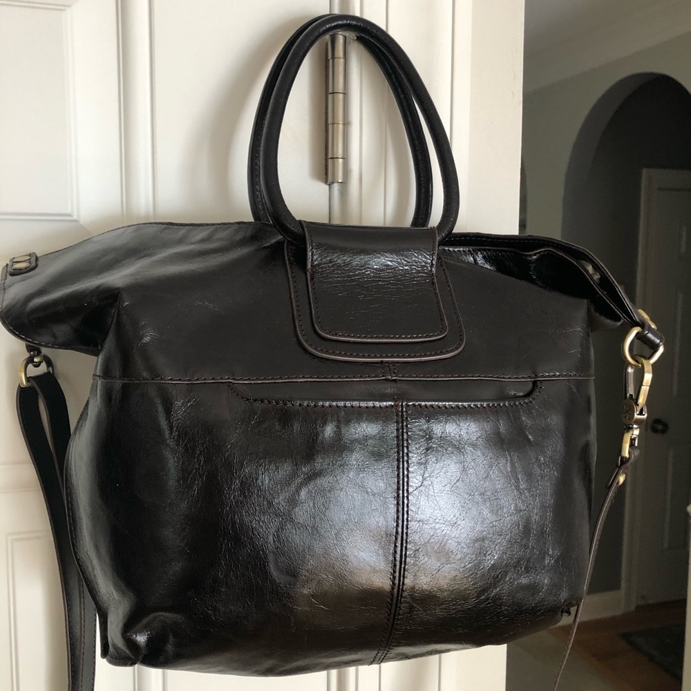 New: HOBO Sheila Large Satchel. Polished Black Leather. Removable Strap.